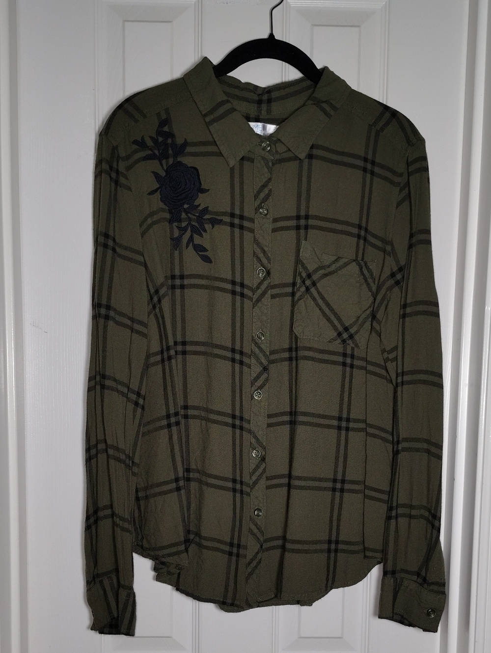 Olive Green Plaid Button-Up Shirt with Floral Embroidery